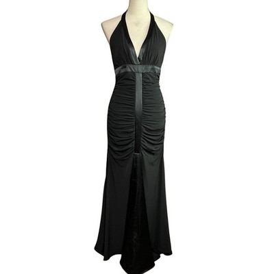 Vintage Cache Dress Maxi Gown Size 4 Black Ruched Mermaid Shimmer Train Stretch