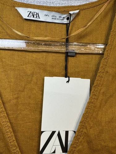 ZARA Tunic Dress Linen 100% Loose Fit Midi Mustard Ochre Summer SZ LARGE - Picture 5 of 10