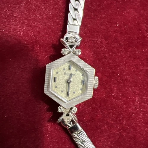 Vintage 14k White Gold BULOVA Diamond Lady's Watch Mechanical Vintage