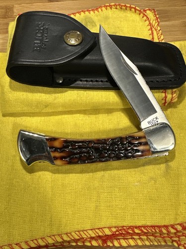 2009 Buck 110 Custom Burnt Bone Stag Handle Folding Locking Knife With Sheath