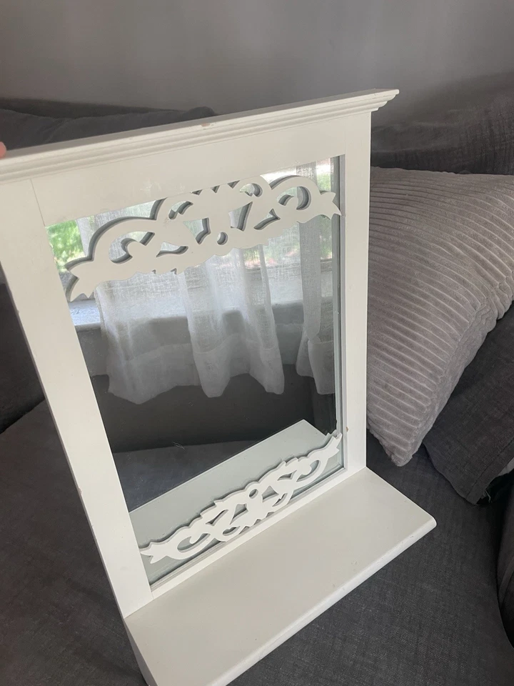 Vintage White Wood Mirror Shelf with Pegs, design detail, home decor - Image 2 of 4