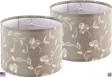 Chic Creme Fabric Drum Lamp Shades with Embroidered Leaf Trim - Set of 2, 13