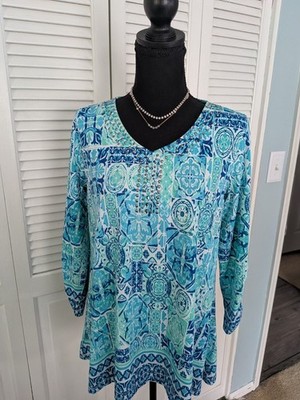 Multiples Tunic Top Womens S Blue Tile Medallion Embellished Coastal Resort NEW
