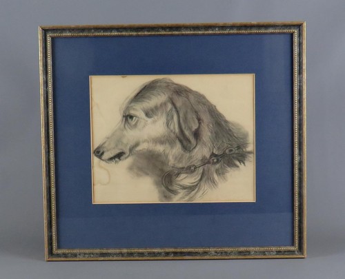 Antique Victorian Pencil Drawing after Edwin Landseer Dog Wolfhound Signed