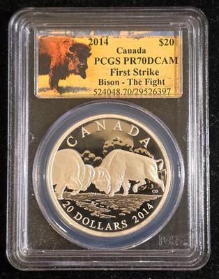 2014 Canada $20 Bison - The Fight 1 oz Pure Silver Proof PCGS PR70DCAM Gold Tone