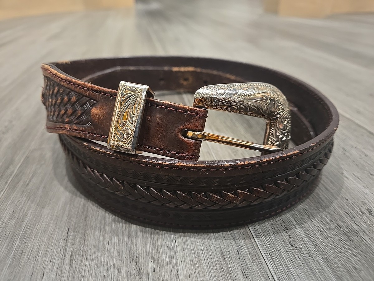 Vintage Tony Lama Tooled Belt Braided Silver Buckle USA 