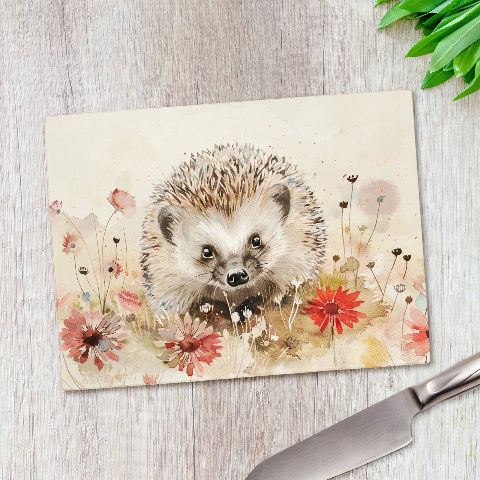 Hedgehog with Flowers Glass Chopping Board Large Kitchen Worktop Saver