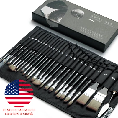 ARTIFY ART SUPPLIES ARTIFY 24 Pieces Professional Oil Paint Brush Set, Long Handle Hard Nylon Hair