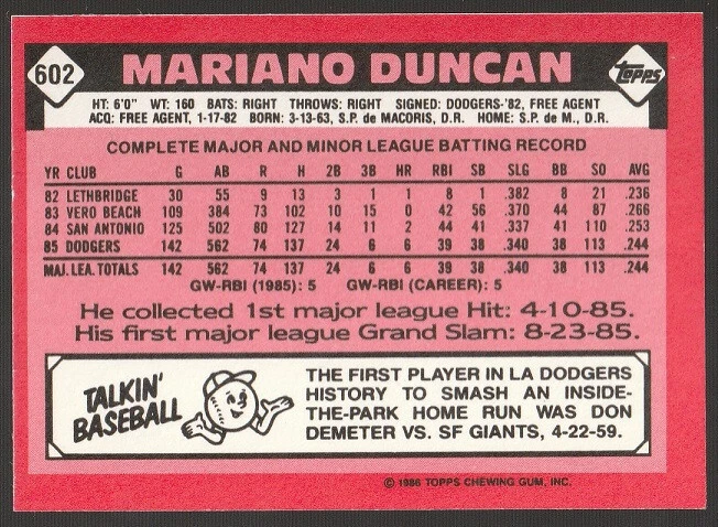 1986 TOPPS TIFFANY MARIANO DUNCAN ROOKIE LA DODGERS FACTORY SET CARD - Image 2 of 2