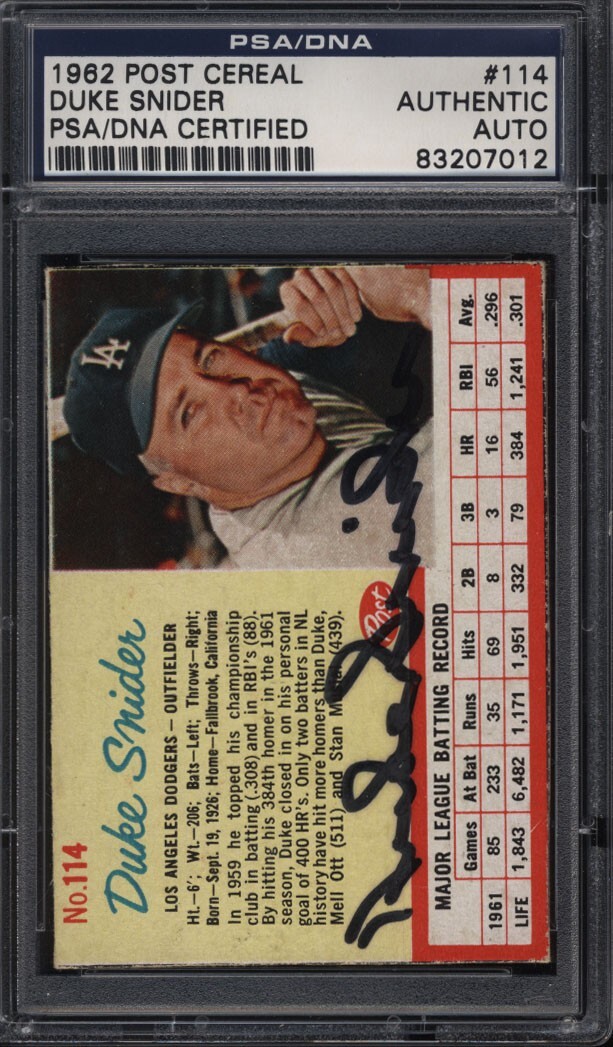 1962 Post Cereal #114 Duke Snider PSA/DNA Certified signed autographed B1-195 qu