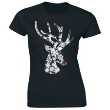 Christmas Reindeer with Snowflakes Black T-Shirt for Women Winter Holiday Tee