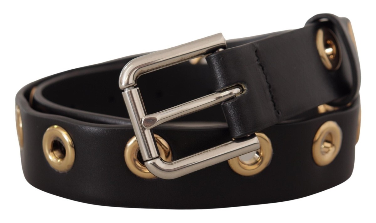 DOLCE & GABBANA Belt Black Leather Eyelet Silver Tone Metal  display picture 2