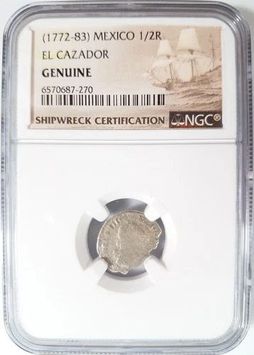 EL CAZADOR Shipwreck NGC (1772-83) Mexico 1/2 Real Sea Salvaged Sunken Treasure