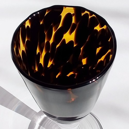 Tortoise Shell Glass Goblets Scallop Edge Bulbous Stem Hand Blown Poland 2pc Set - Picture 3 of 9