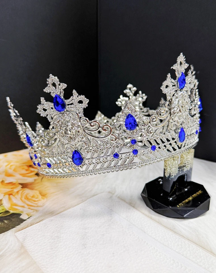 Corona de Plata Rey León, Tocado de Boda Príncipe, Corona de Cristal Azul para Novio Foto 4 de 4