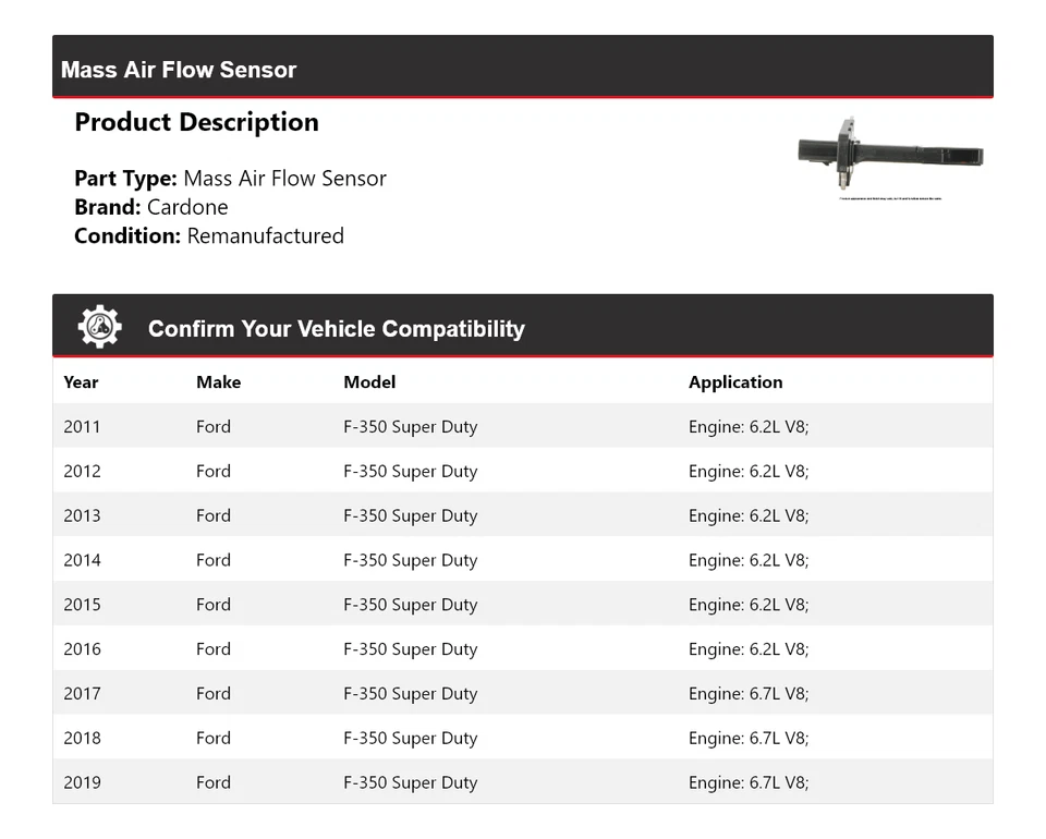 Sensor de flujo de aire masivo Cardone 2012 2013 2014 para Ford F-350 Super Duty 2011-2019 Foto 2 de 4
