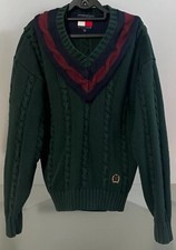 VTG Tommy Hilfiger Fishermans Knit Sweater Men Med Green Multi Heavy VNeck Crest