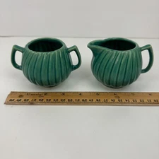 Vtg Small Ceramic Creamer Sugar Set MCM Sage Green Teal Swirled Ribbed Textured