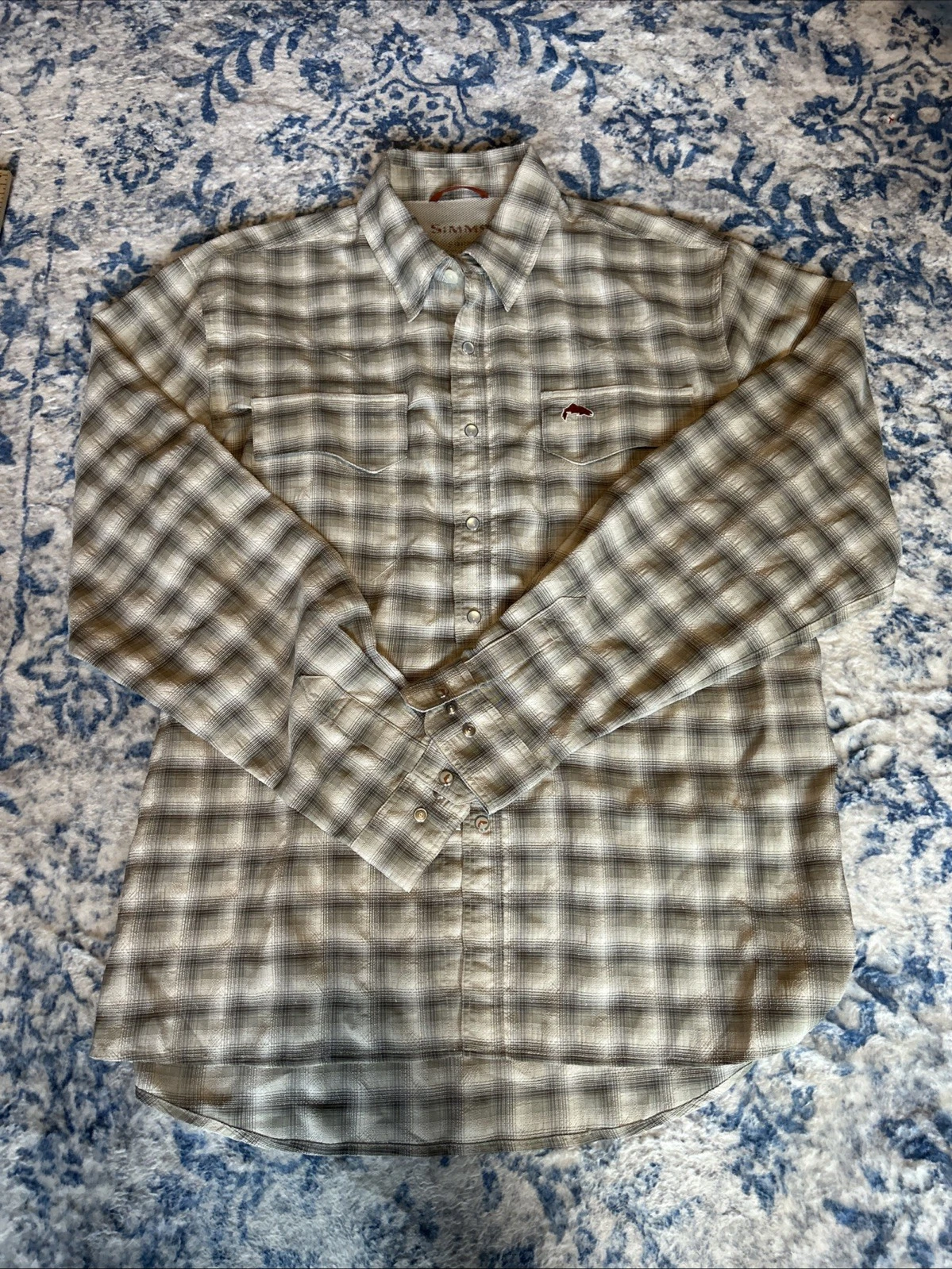 Simms Fishing Shirt Men M Brown Plaid COR3 Long Sleeve Pearl Snap Western