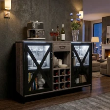 Wooden Wine Cabinet, Vintage Wood Bar Storage Cabinet+Drawer Wine Bottle Display