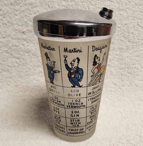 Vintage Federal Glass Frosted Cocktail Mixed Drink Bartender’s Recipe Mix Shaker