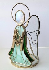 Stained Glass Green Clear Angel Christmas Holiday Candle Holder 7.5"