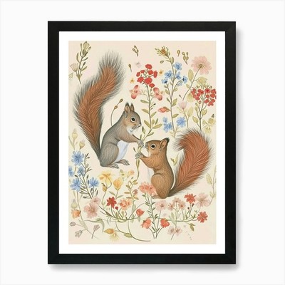 Folksy Floral Tier Zeichnung Squirr gerahmtes Wandbild Poster Leinwanddruck Bild