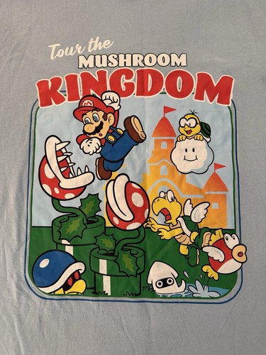 Super Mario Nintendo Tour the Mushroom Kingdom Adult XL T Shirt Light Blue - Picture 2 of 10