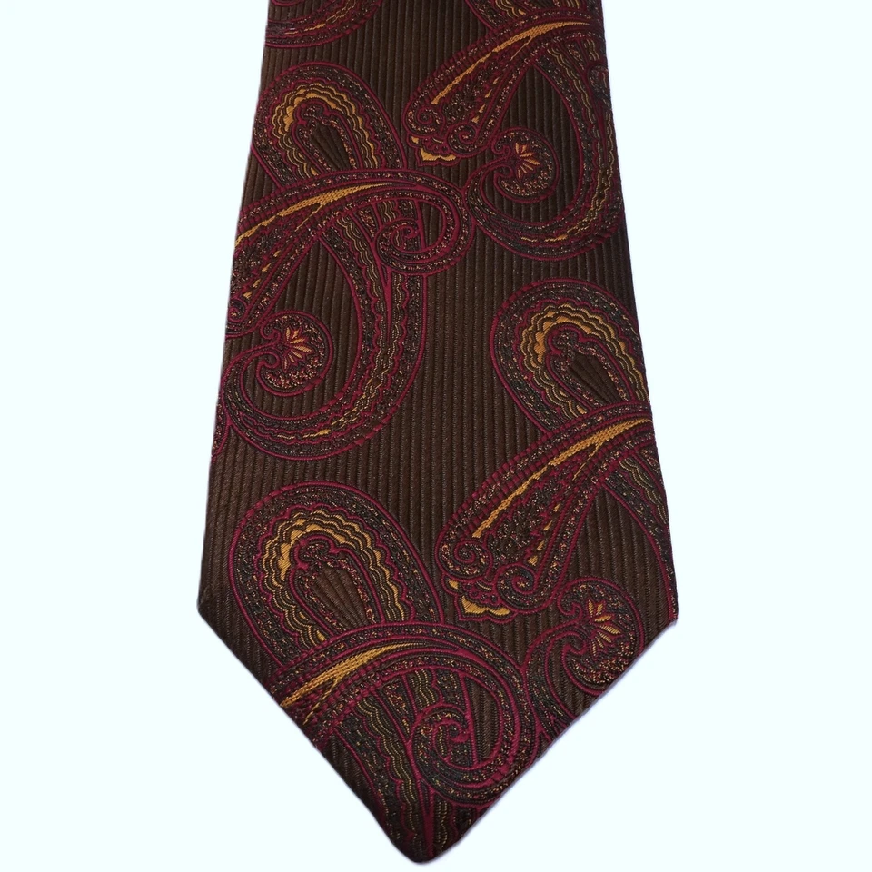 Галстук шелковый Holland & Sherry London пейсли коричневый красный пурпурный золотой ручной работы сделано в США - Изображение 2 из 4