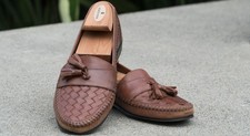 G.H. Bass Woven/Tasseled Leather Loafers - Tan Men's Size 8M - Made in Brazil