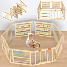 Foldable Wooden Baby Playpen with Gate, Wood Baby Play Pen Play Yard with Educat