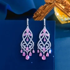 Women Silver Plated Pink CZ Zircon Drop Long Chandelier Earrings Wedding Jewelry