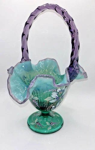 FENTON DRAGONFLY AND FLORAL GLASS BASKET HAND PAINTED CENTURY XXI COLLECTION