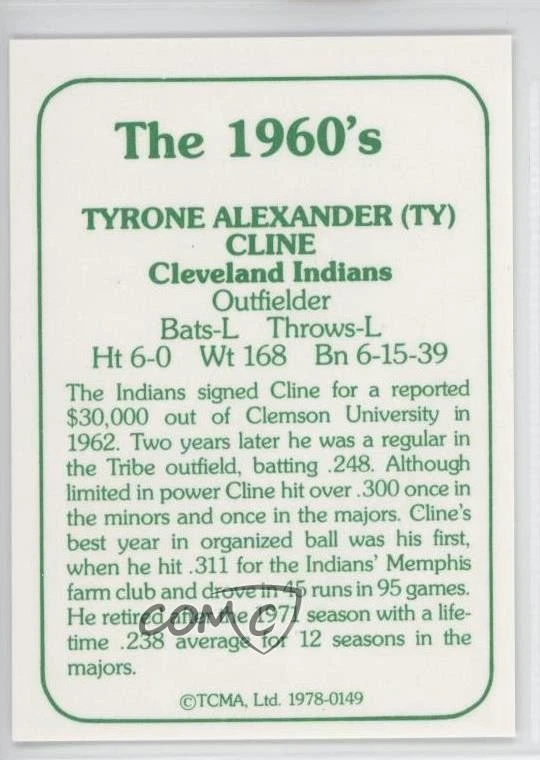 1978 TCMA The 1960's I Green Back Ty Cline #1978-0149 - Image 2 of 2