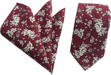 Men's Skinny Handkerchief Tie Cotton Floral Necktie Pocket Square Set