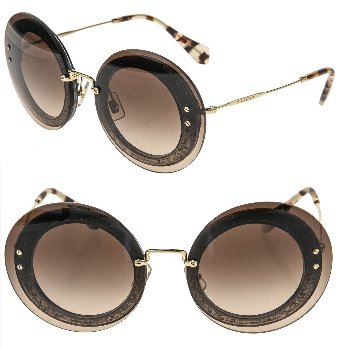 MIU MIU REVEAL MU10RS Gold Brown Glitter Oversized Fashion Round