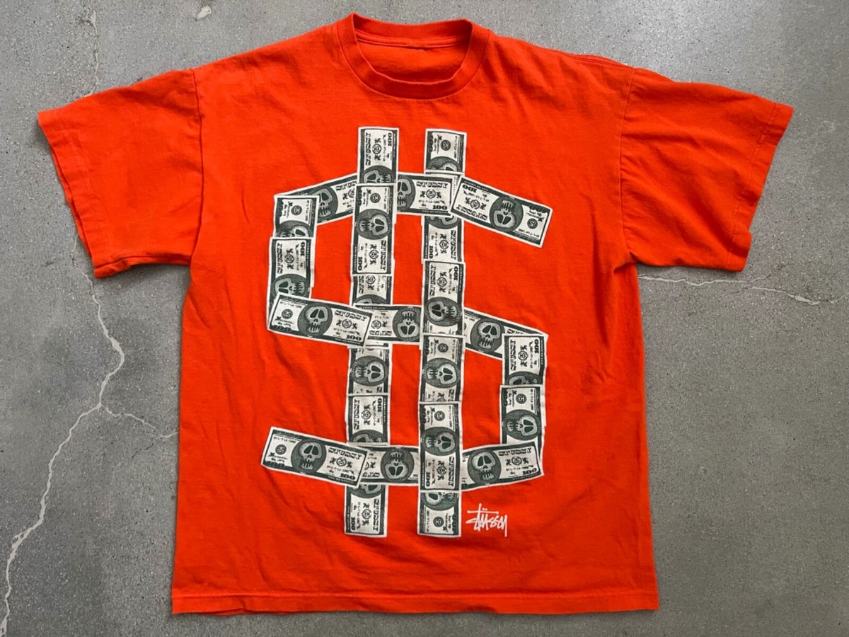 STUSSY Vintage Mens Dollar Sign $ Short Sleeve Tshirt Orange Size