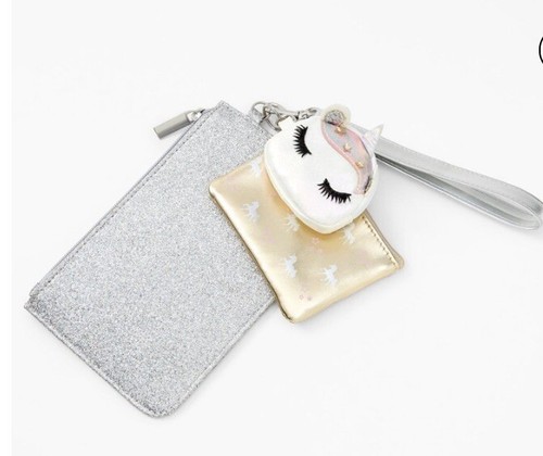 Claire’s unicorn 3 piece wallet wristlet coin purse glitter stars silver gold - 第 2/3 張圖片