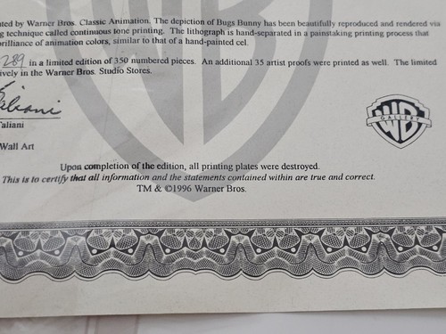 Warner Bros. 1996 Lightgrahic-Bugs Bunny-With Cert. of Authencity & Numbered - Picture 8 of 10