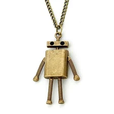 ROBOT CHARM NECKLACE 2.5" Pendant 28" Chain Antique Bronze Color Metal Cute NEW