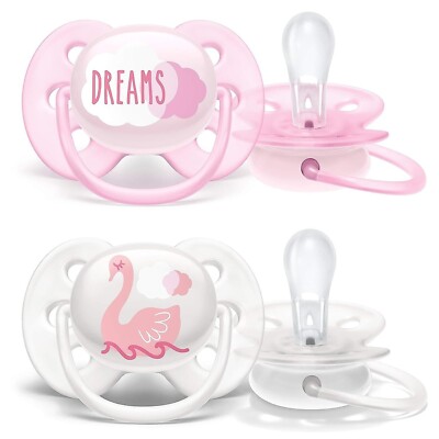 2 Philips AVENT Ultra Soft Pacifier, 0-6 Months, Dreams and Swan Designs Pink