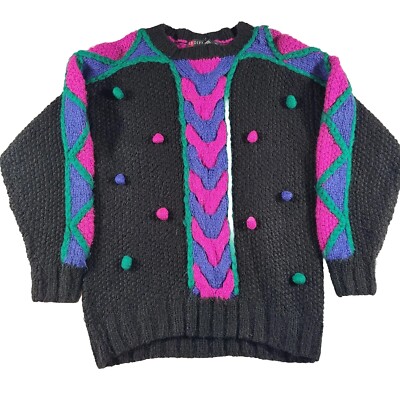 IB Diffusion Cardigan Sweater Womens Large Pompoms Artsy Black Vintage
