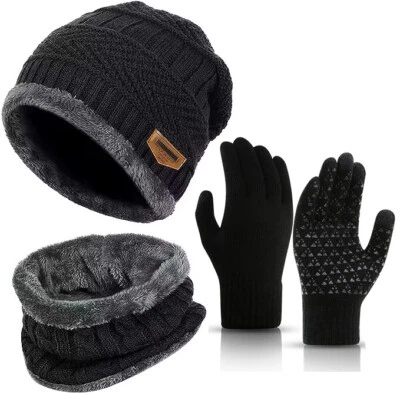 MARKENLOS 3x Wintermütze Strickmütze Warme Beanie Handschuhe Herren Winter Set Mütze Schal