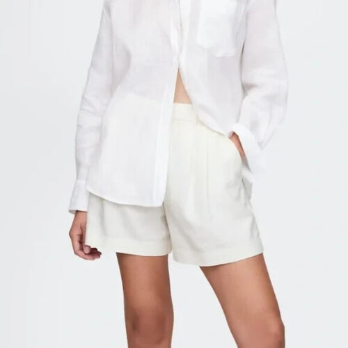 Gap 365 White High Rise Linen Blend Trouser Shorts Sz L NWT