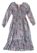 Knox Rose Rayon Green Blue Floral Long Sleeve V-Neck Pocket Midi Smock Dress XS