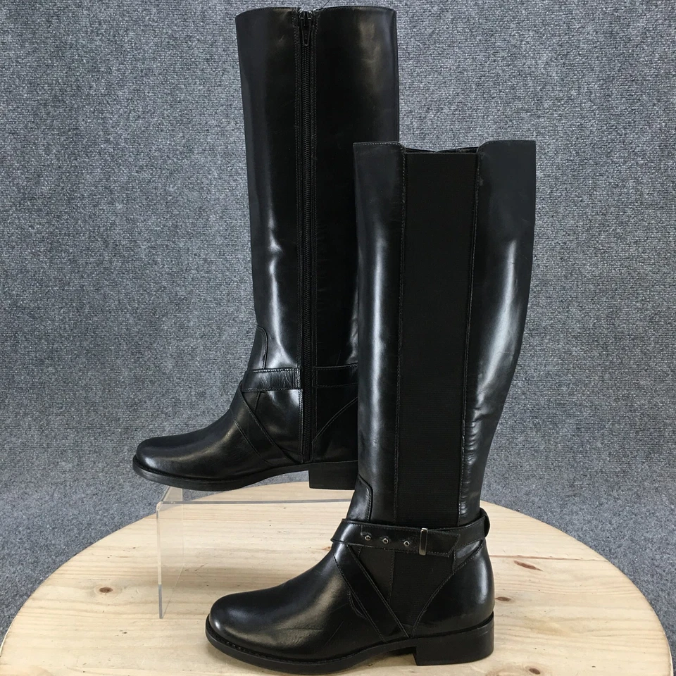 Steven Botas Mujer 5.5 M Sydnee Alto Montar Cuero Negro Punta Redonda Cubano Foto 2 de 4