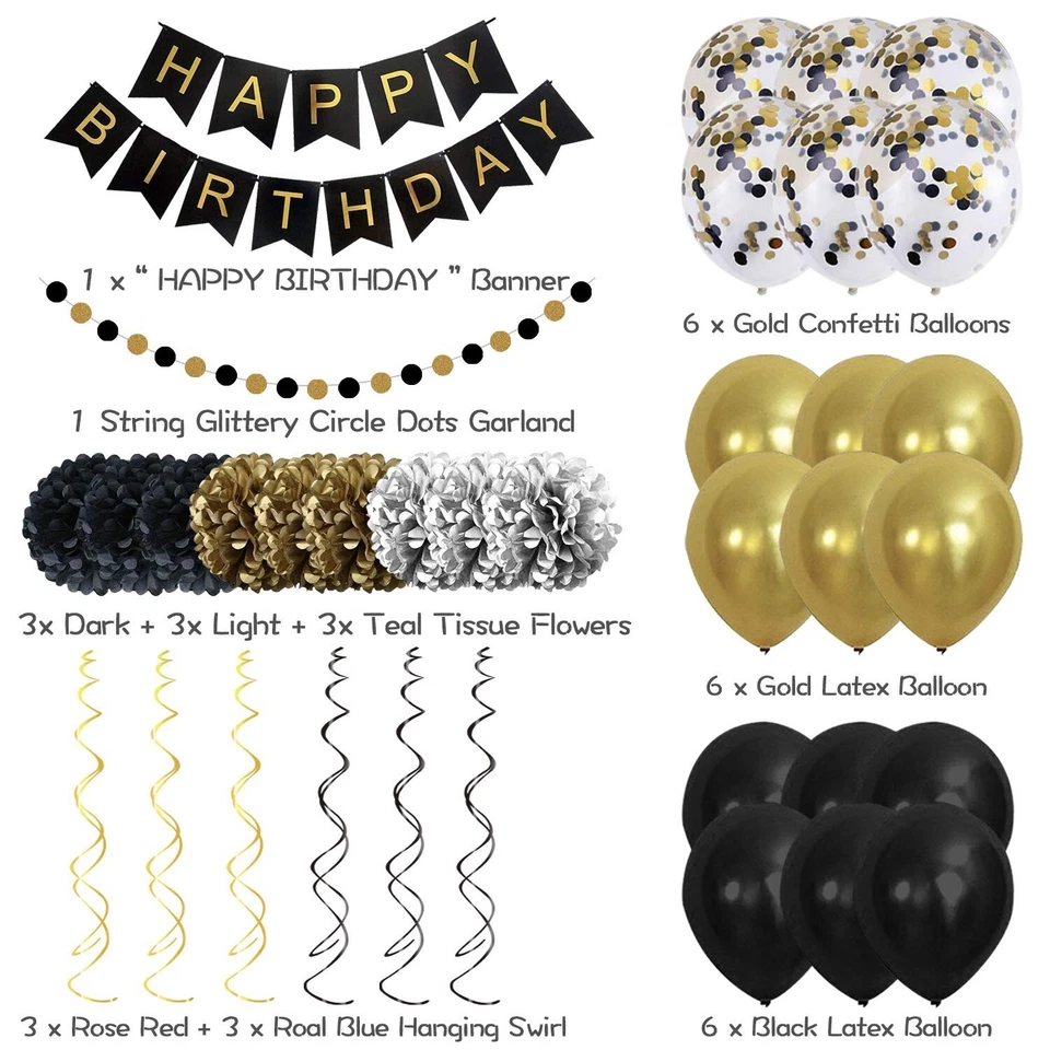 Kit Globo Fiesta Feliz Cumpleaños Negro y Dorado para Hombres, Mujeres Niños y Niñas Oficina Foto 2 de 4