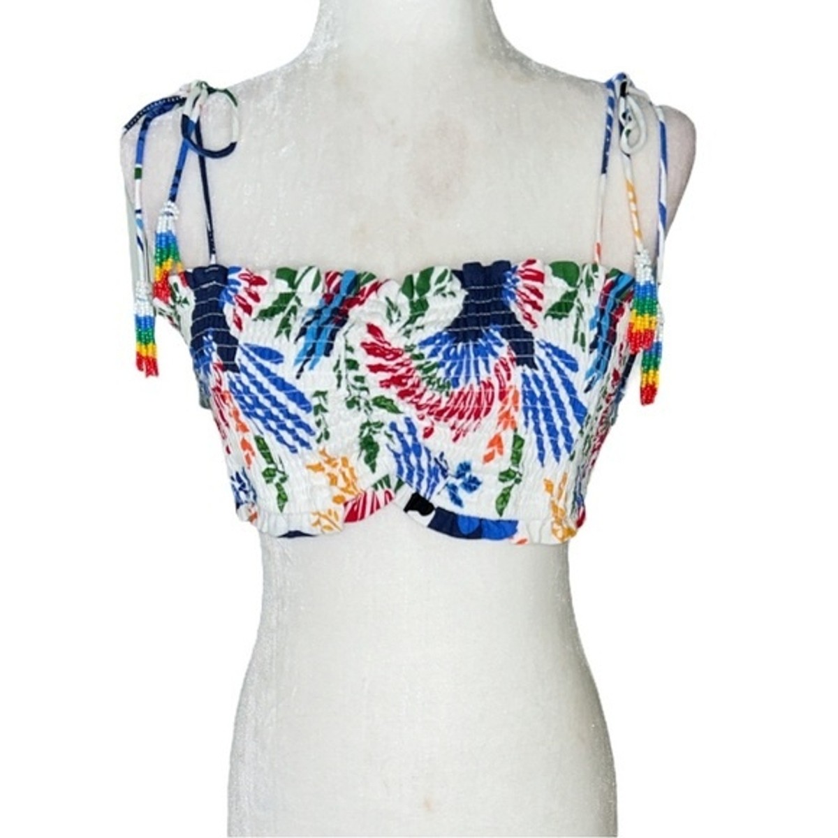 NWT House of Harlow 1960 Smocked Beaded Tassel Crop Bandeau  display picture 2