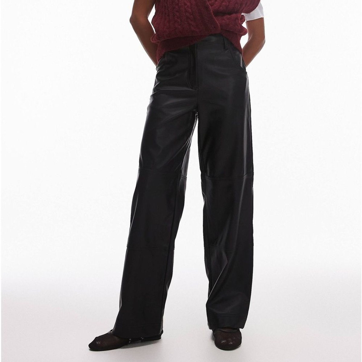 Topshop Black Leather Trousers Straight Leg NWT Topshop Seam