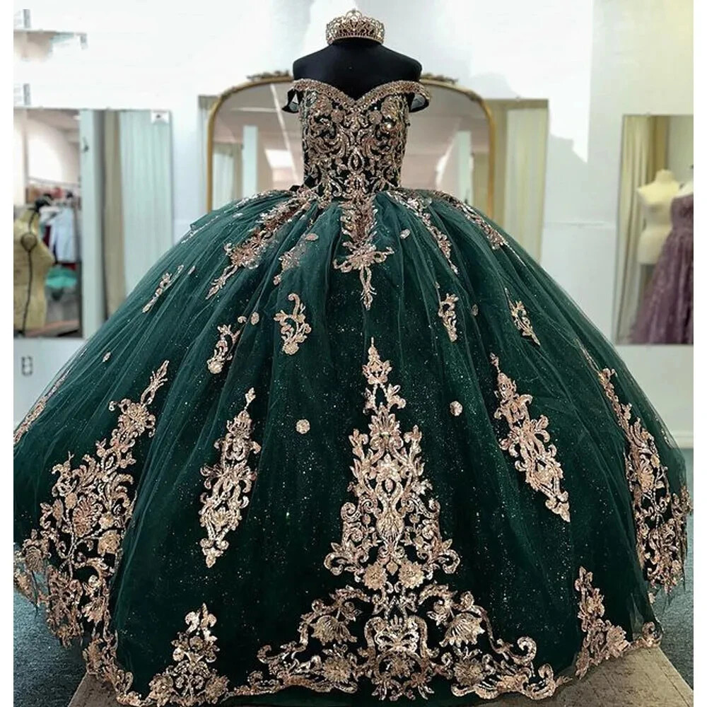 Emerald Green Off Shoulder Crystal Quinceanera Dresses Ball Gown - Main Image